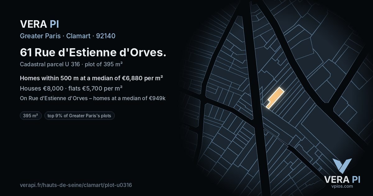 61 Rue d'Estienne d'Orves, Clamart at night – the plot lit, the parcels around coloured by the prices near them