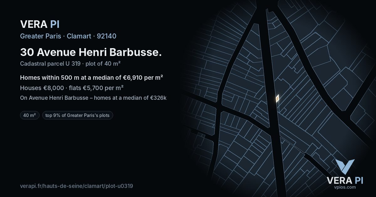 30 Avenue Henri Barbusse, Clamart at night – the plot lit, the parcels around coloured by the prices near them