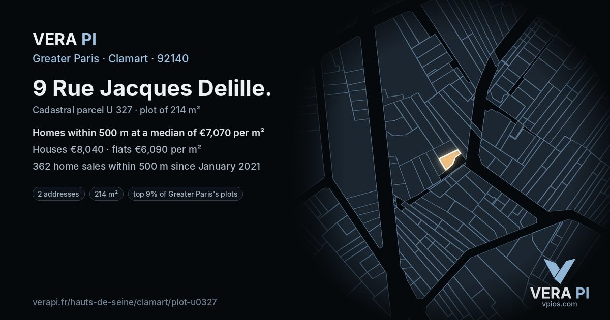 9 Rue Jacques Delille, Clamart at night – the plot lit, the parcels around coloured by the prices near them