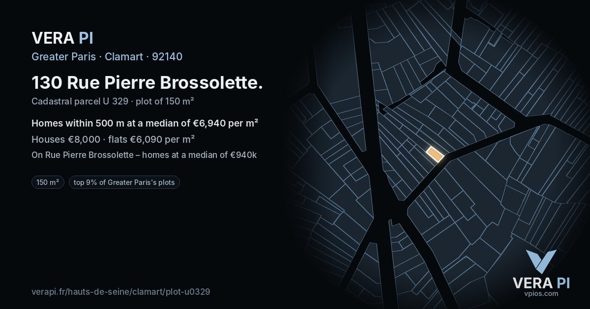 130 Rue Pierre Brossolette, Clamart at night – the plot lit, the parcels around coloured by the prices near them
