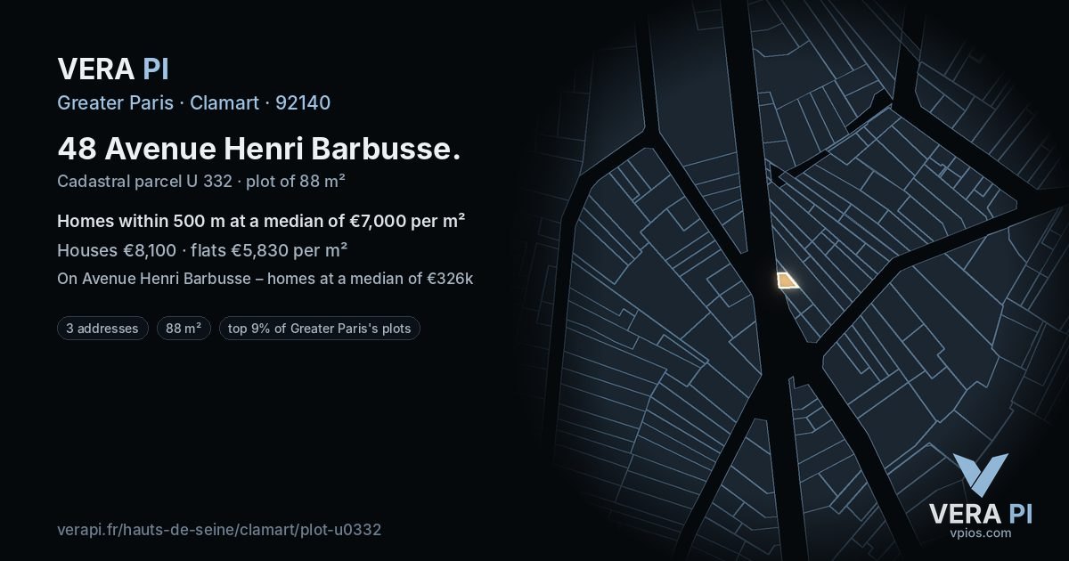 48 Avenue Henri Barbusse, Clamart at night – the plot lit, the parcels around coloured by the prices near them