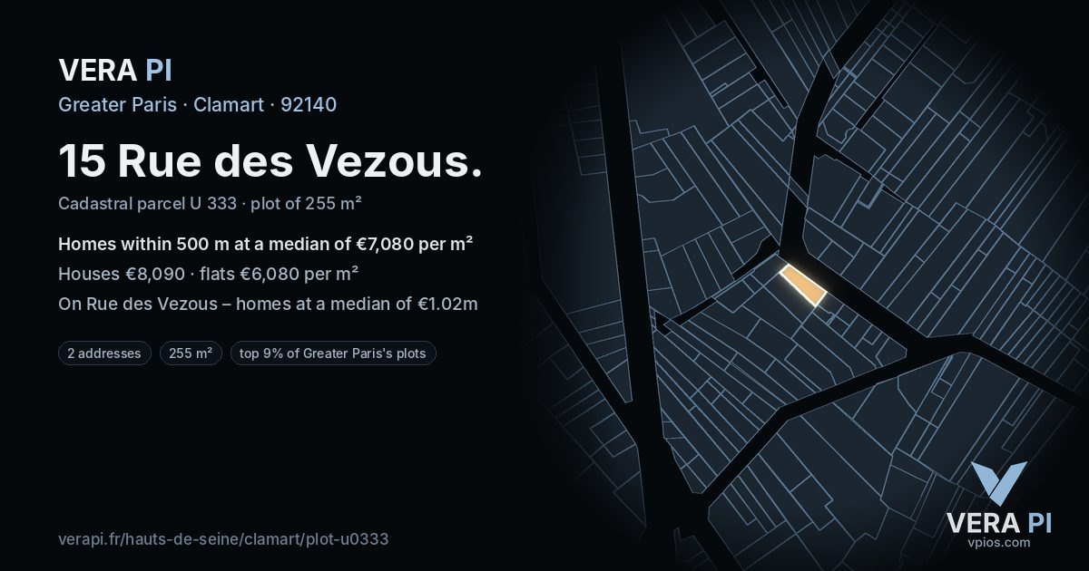 15 Rue des Vezous, Clamart at night – the plot lit, the parcels around coloured by the prices near them