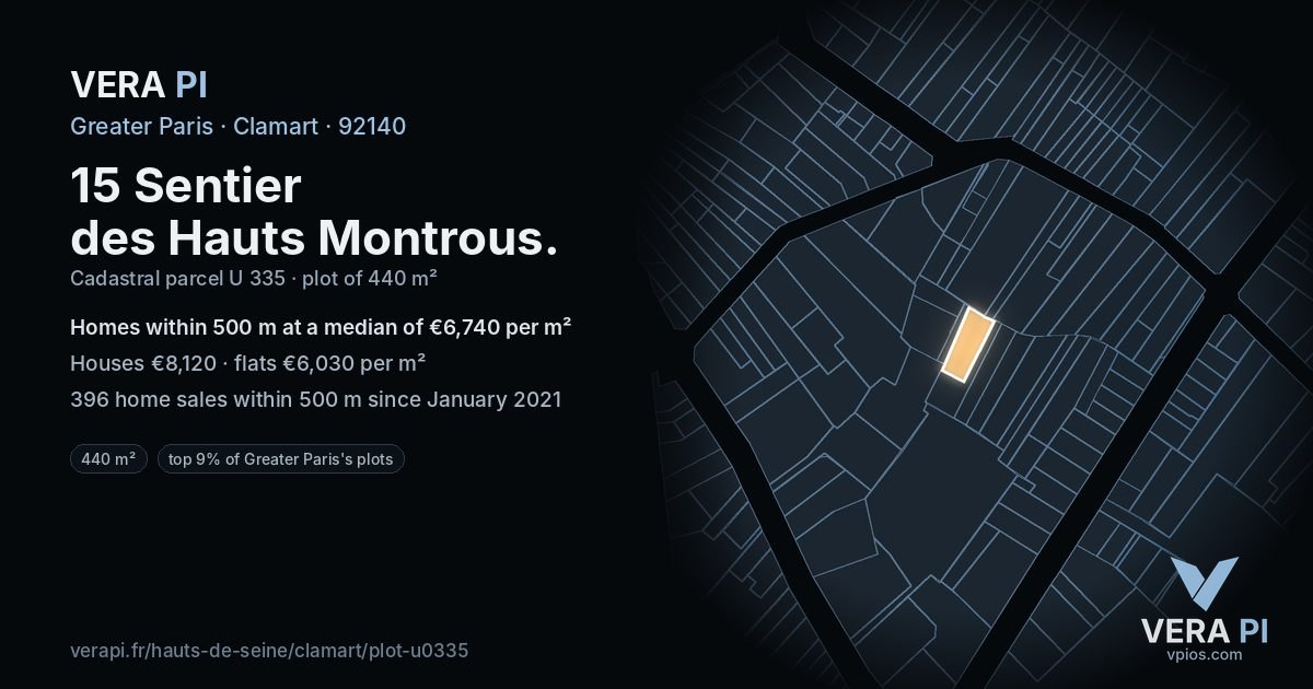 15 Sentier des Hauts Montrous, Clamart at night – the plot lit, the parcels around coloured by the prices near them