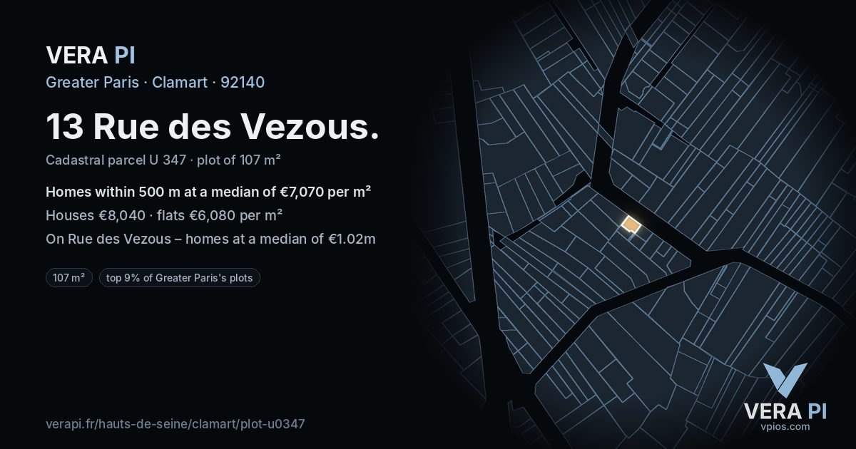 13 Rue des Vezous, Clamart at night – the plot lit, the parcels around coloured by the prices near them