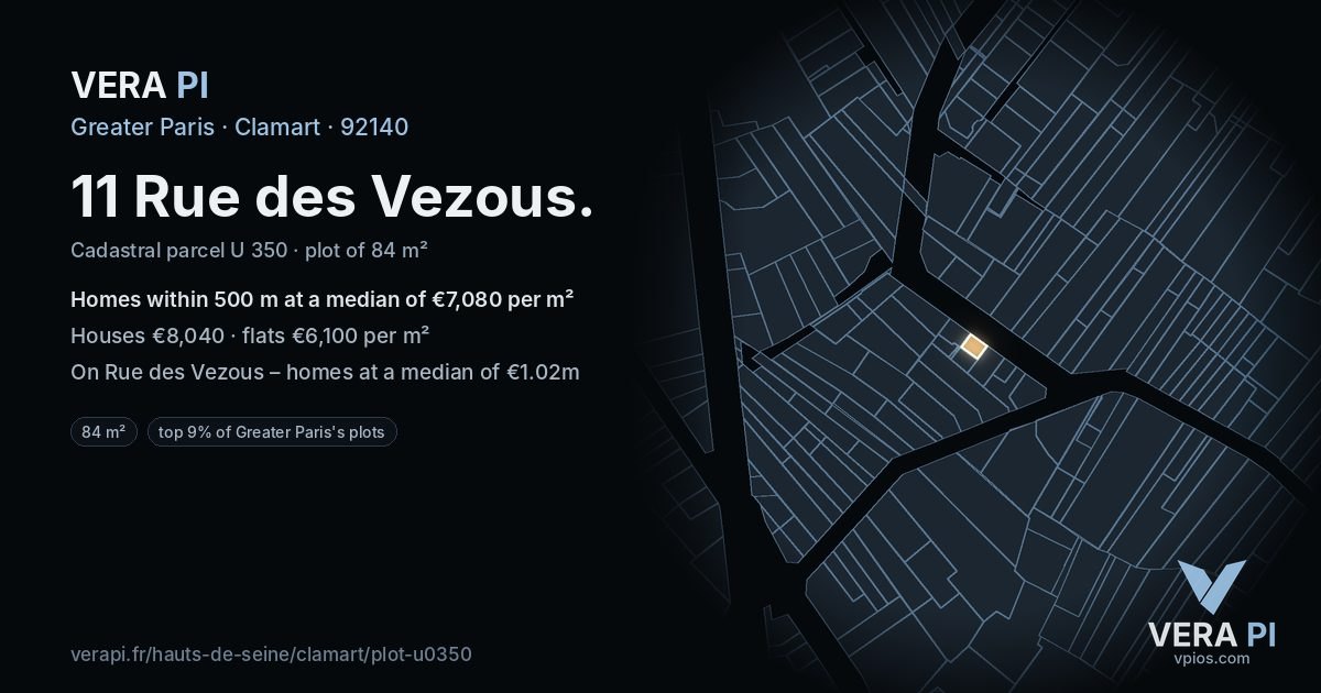 11 Rue des Vezous, Clamart at night – the plot lit, the parcels around coloured by the prices near them