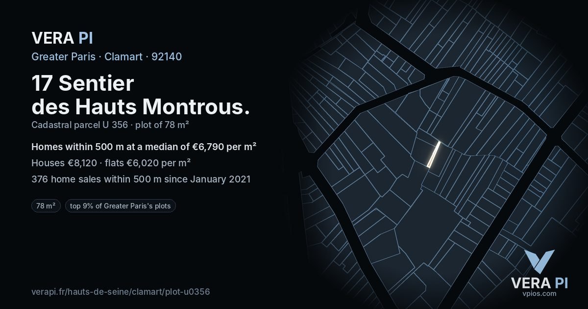 17 Sentier des Hauts Montrous, Clamart at night – the plot lit, the parcels around coloured by the prices near them