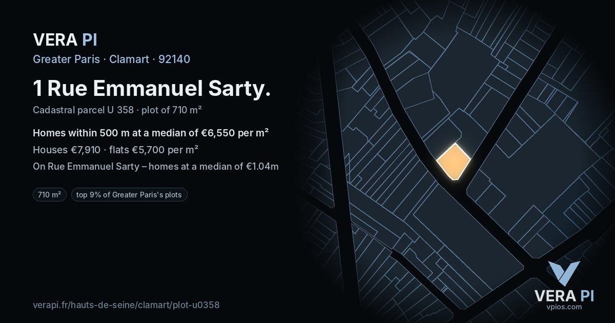 1 Rue Emmanuel Sarty, Clamart at night – the plot lit, the parcels around coloured by the prices near them