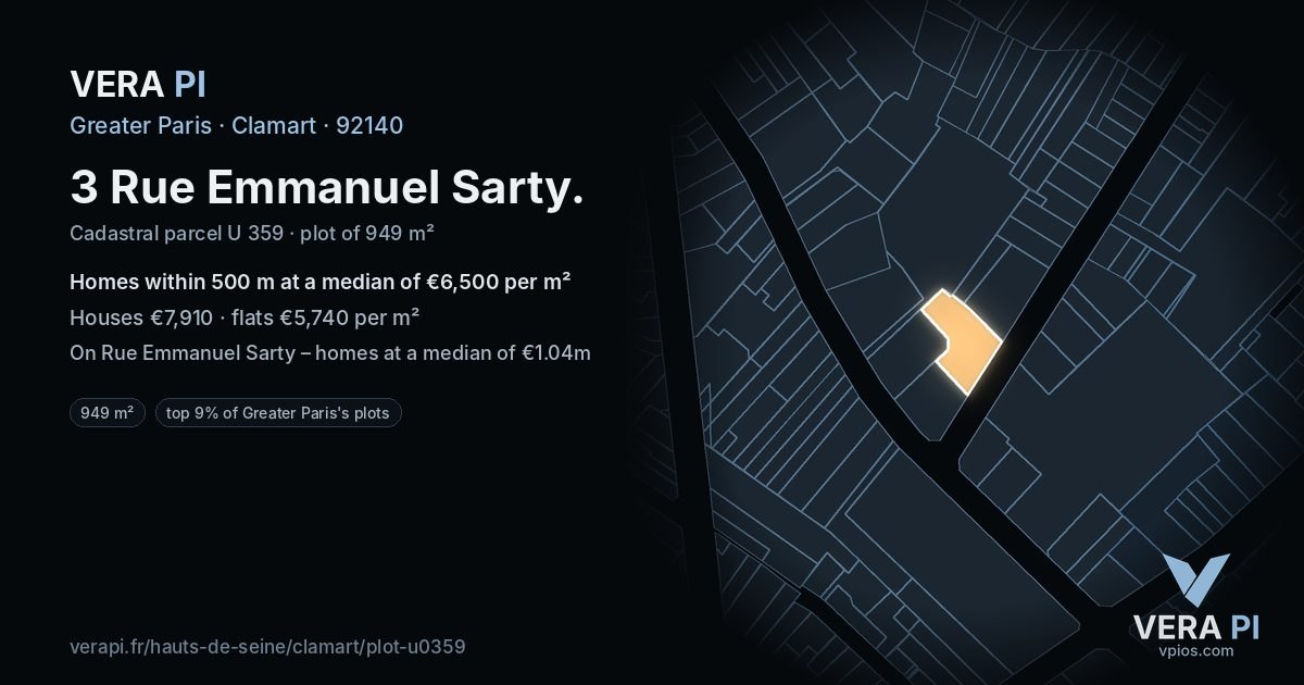 3 Rue Emmanuel Sarty, Clamart at night – the plot lit, the parcels around coloured by the prices near them