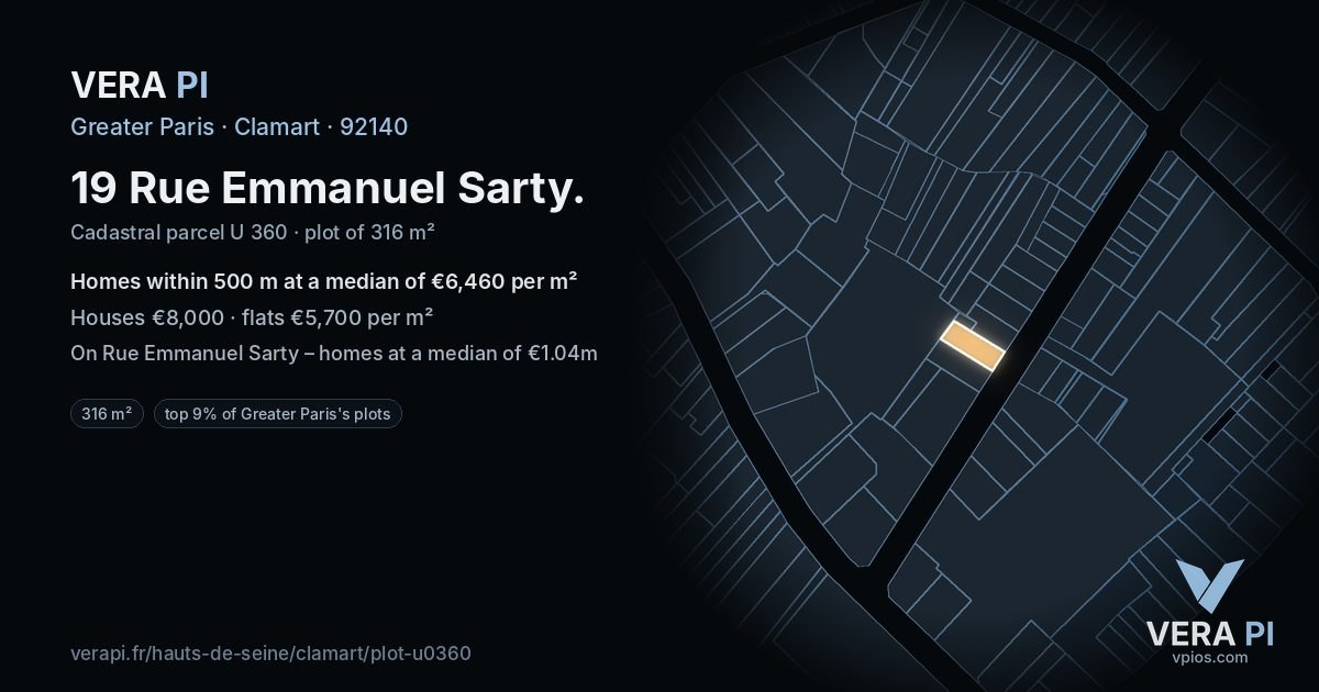 19 Rue Emmanuel Sarty, Clamart at night – the plot lit, the parcels around coloured by the prices near them