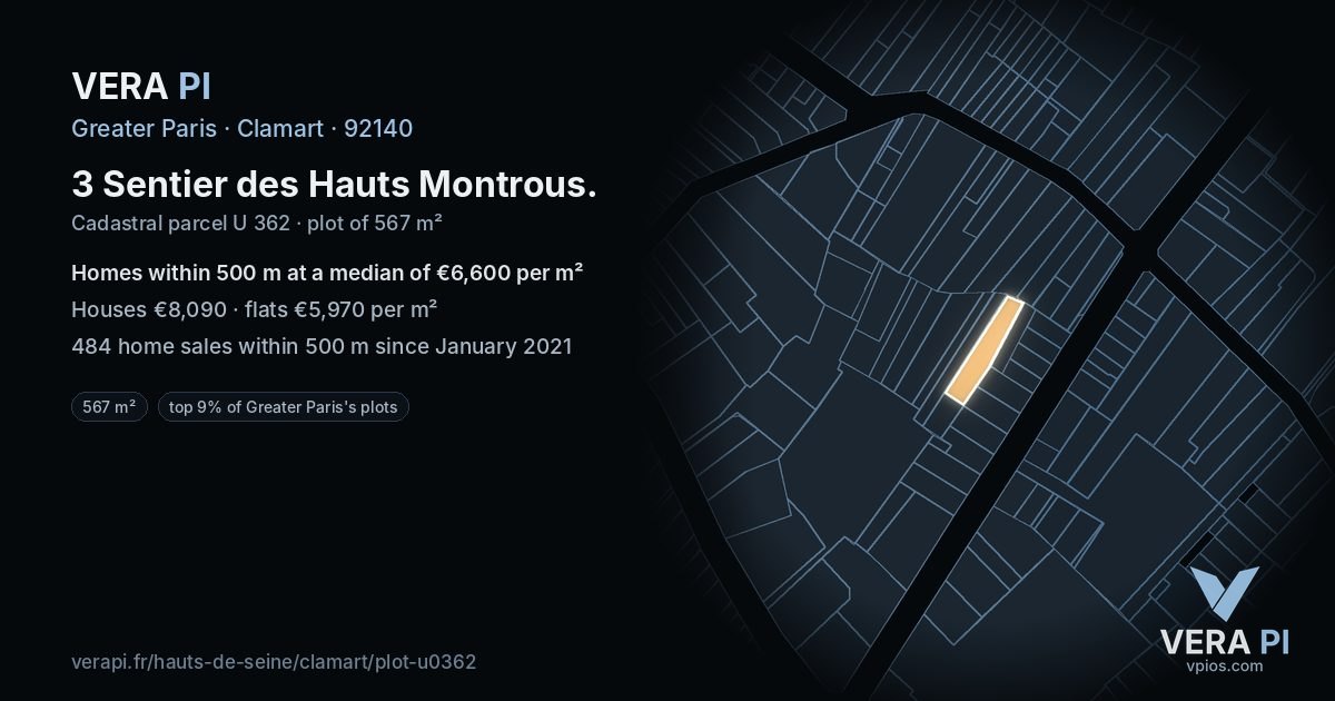 3 Sentier des Hauts Montrous, Clamart at night – the plot lit, the parcels around coloured by the prices near them