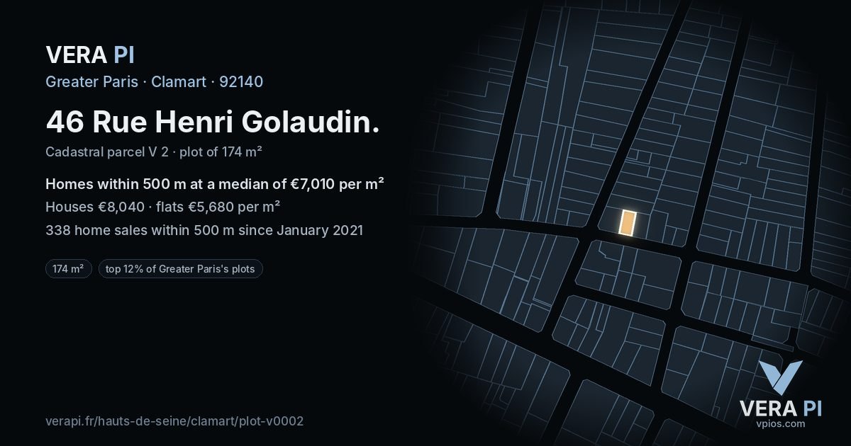 46 Rue Henri Golaudin, Clamart at night – the plot lit, the parcels around coloured by the prices near them