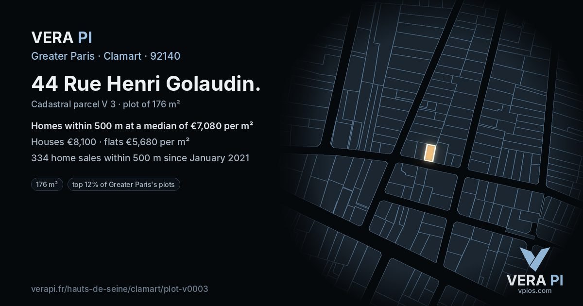 44 Rue Henri Golaudin, Clamart at night – the plot lit, the parcels around coloured by the prices near them