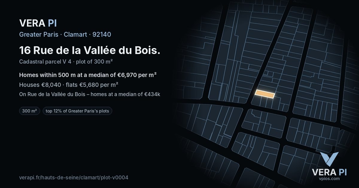 16 Rue de la Vallée du Bois, Clamart at night – the plot lit, the parcels around coloured by the prices near them
