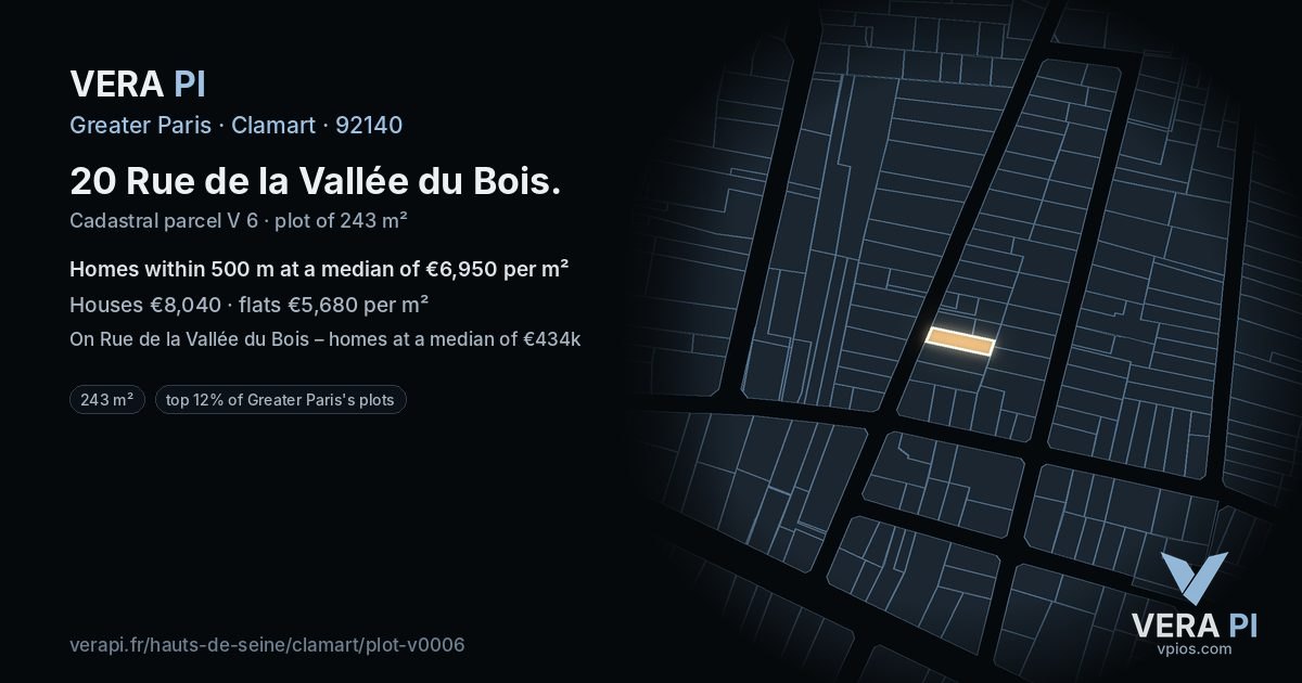 20 Rue de la Vallée du Bois, Clamart at night – the plot lit, the parcels around coloured by the prices near them