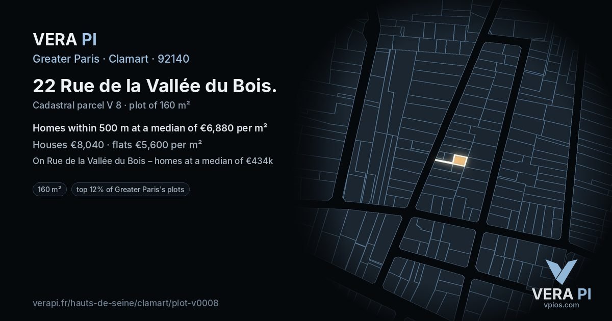 22 Rue de la Vallée du Bois, Clamart at night – the plot lit, the parcels around coloured by the prices near them