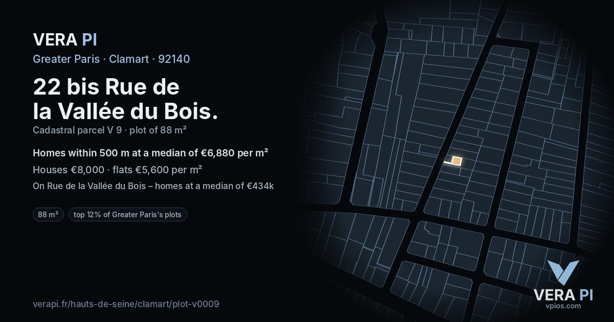 22 bis Rue de la Vallée du Bois, Clamart at night – the plot lit, the parcels around coloured by the prices near them