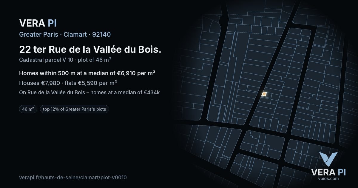 22 ter Rue de la Vallée du Bois, Clamart at night – the plot lit, the parcels around coloured by the prices near them