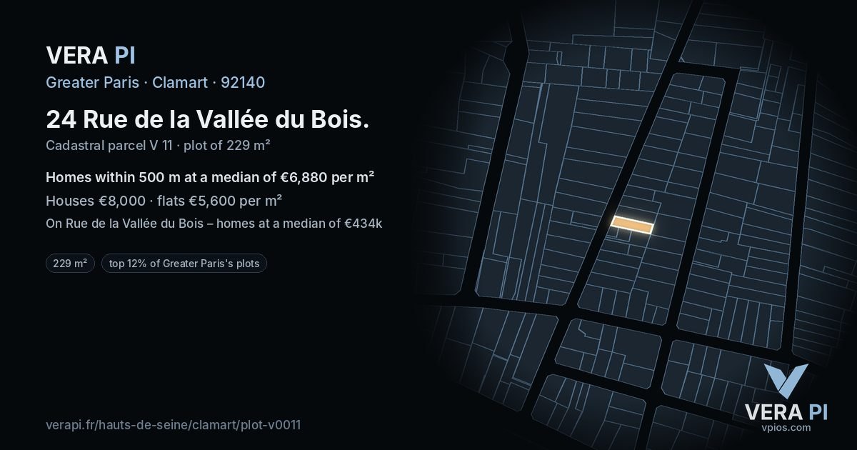 24 Rue de la Vallée du Bois, Clamart at night – the plot lit, the parcels around coloured by the prices near them