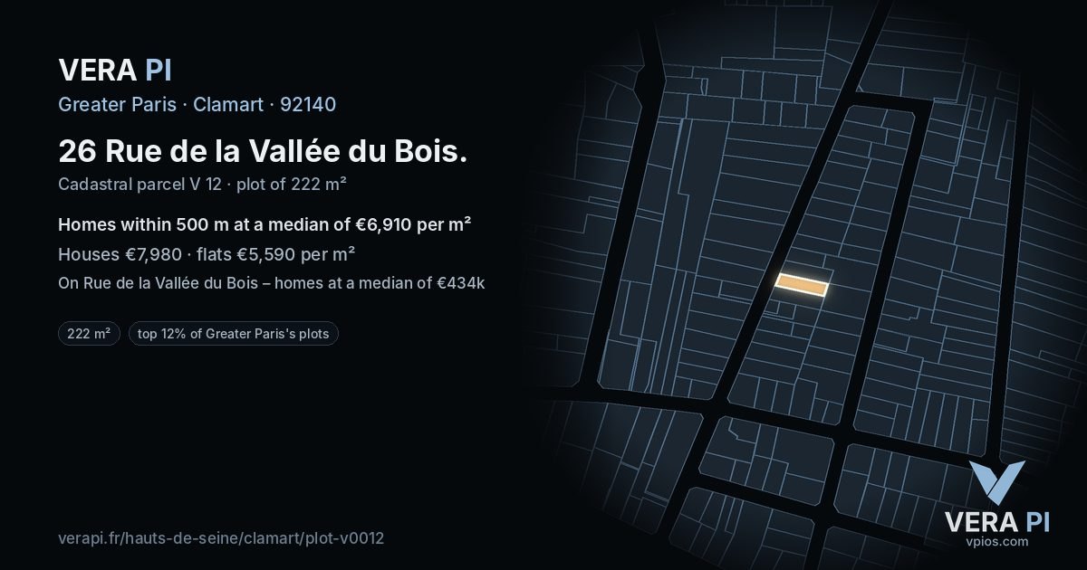 26 Rue de la Vallée du Bois, Clamart at night – the plot lit, the parcels around coloured by the prices near them
