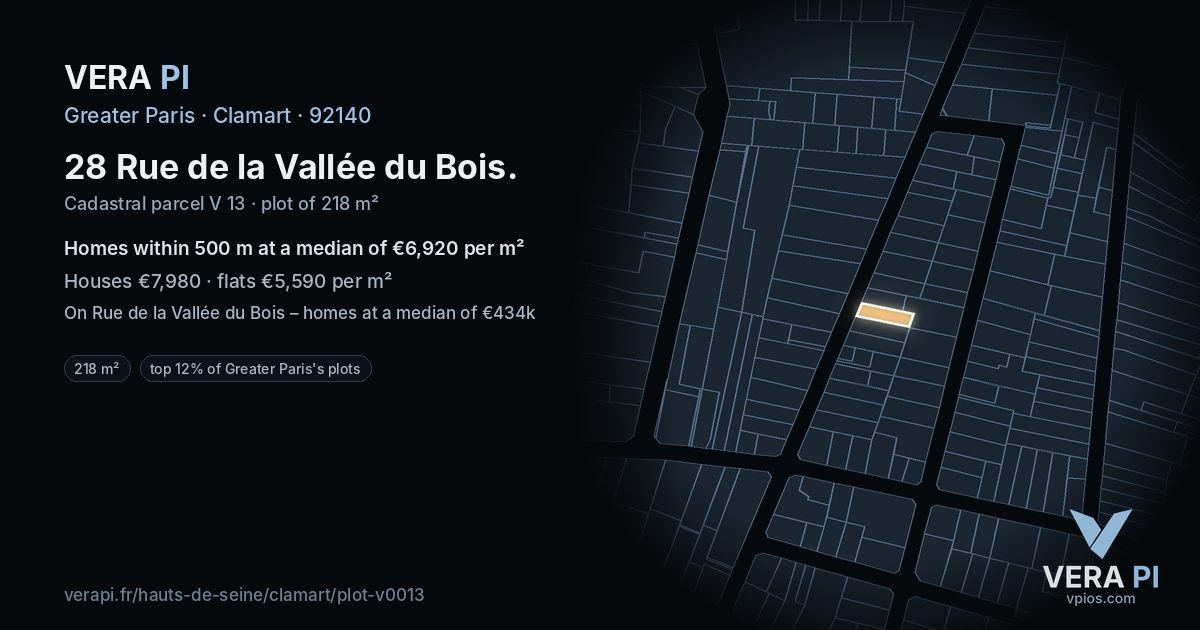 28 Rue de la Vallée du Bois, Clamart at night – the plot lit, the parcels around coloured by the prices near them