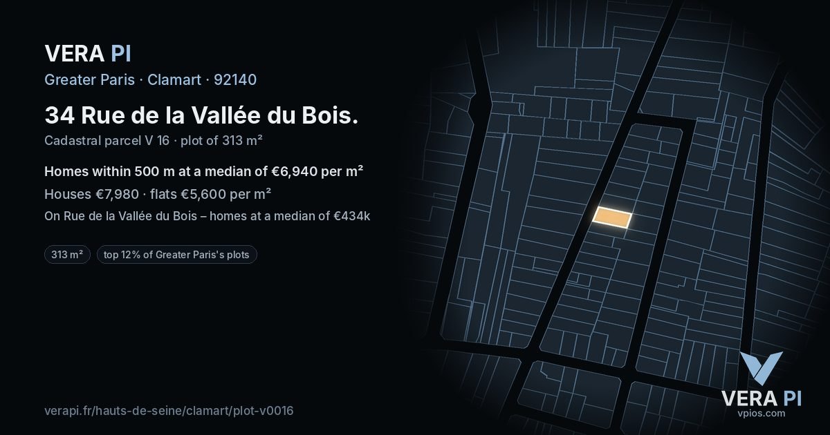 34 Rue de la Vallée du Bois, Clamart at night – the plot lit, the parcels around coloured by the prices near them