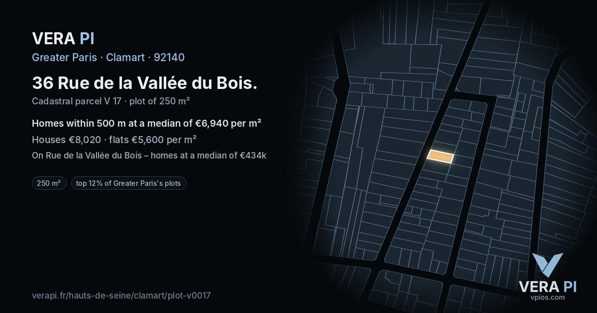 36 Rue de la Vallée du Bois, Clamart at night – the plot lit, the parcels around coloured by the prices near them