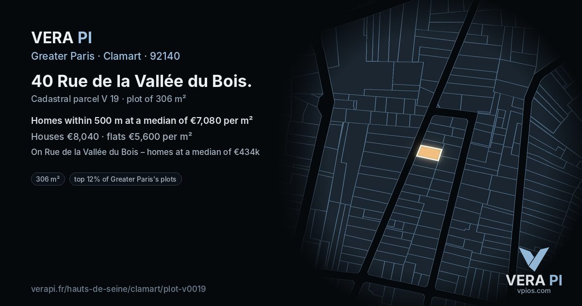 40 Rue de la Vallée du Bois, Clamart at night – the plot lit, the parcels around coloured by the prices near them