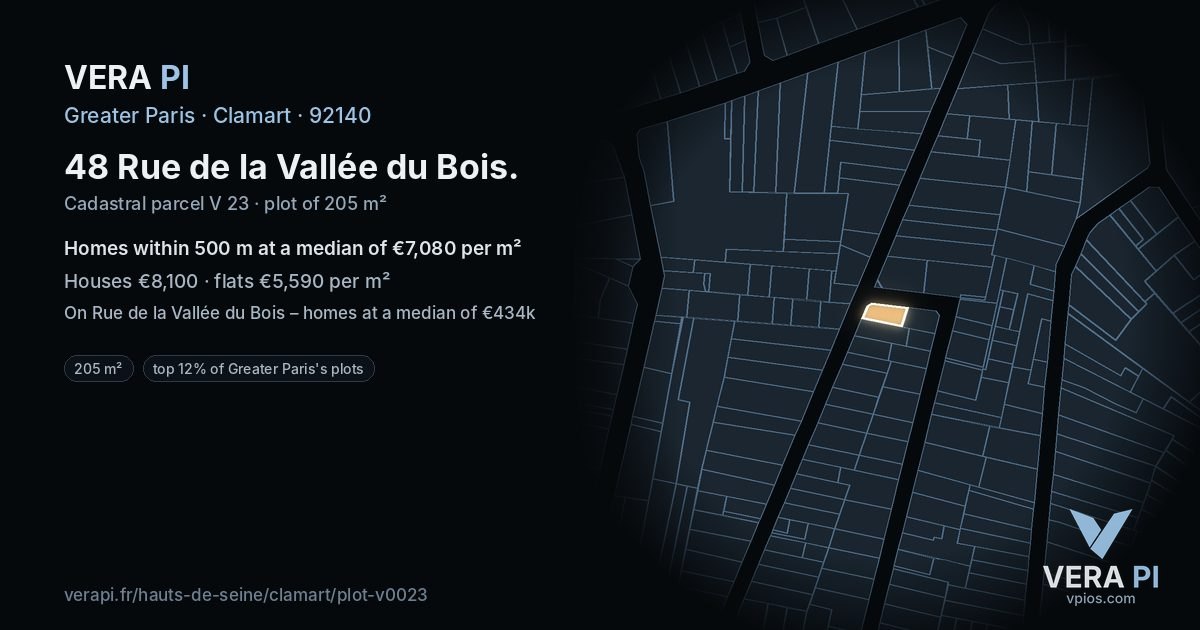 48 Rue de la Vallée du Bois, Clamart at night – the plot lit, the parcels around coloured by the prices near them