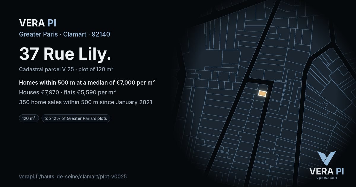 37 Rue Lily, Clamart at night – the plot lit, the parcels around coloured by the prices near them