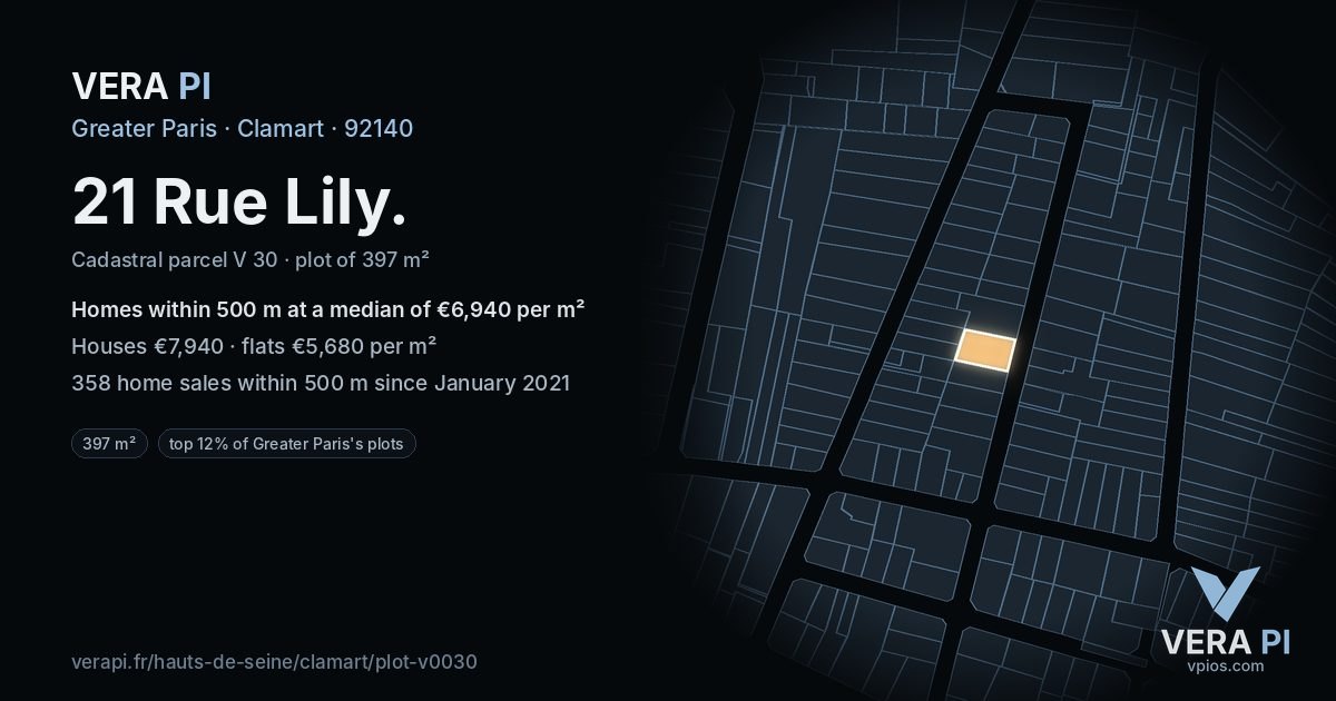 21 Rue Lily, Clamart at night – the plot lit, the parcels around coloured by the prices near them