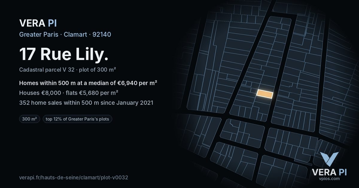 17 Rue Lily, Clamart at night – the plot lit, the parcels around coloured by the prices near them