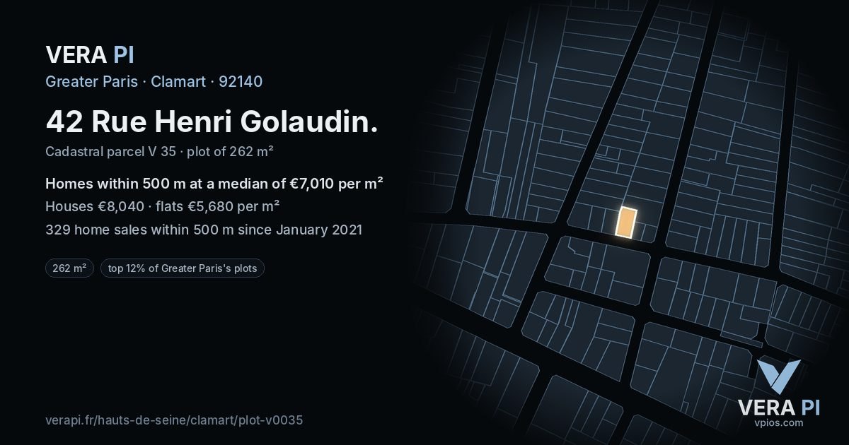 42 Rue Henri Golaudin, Clamart at night – the plot lit, the parcels around coloured by the prices near them