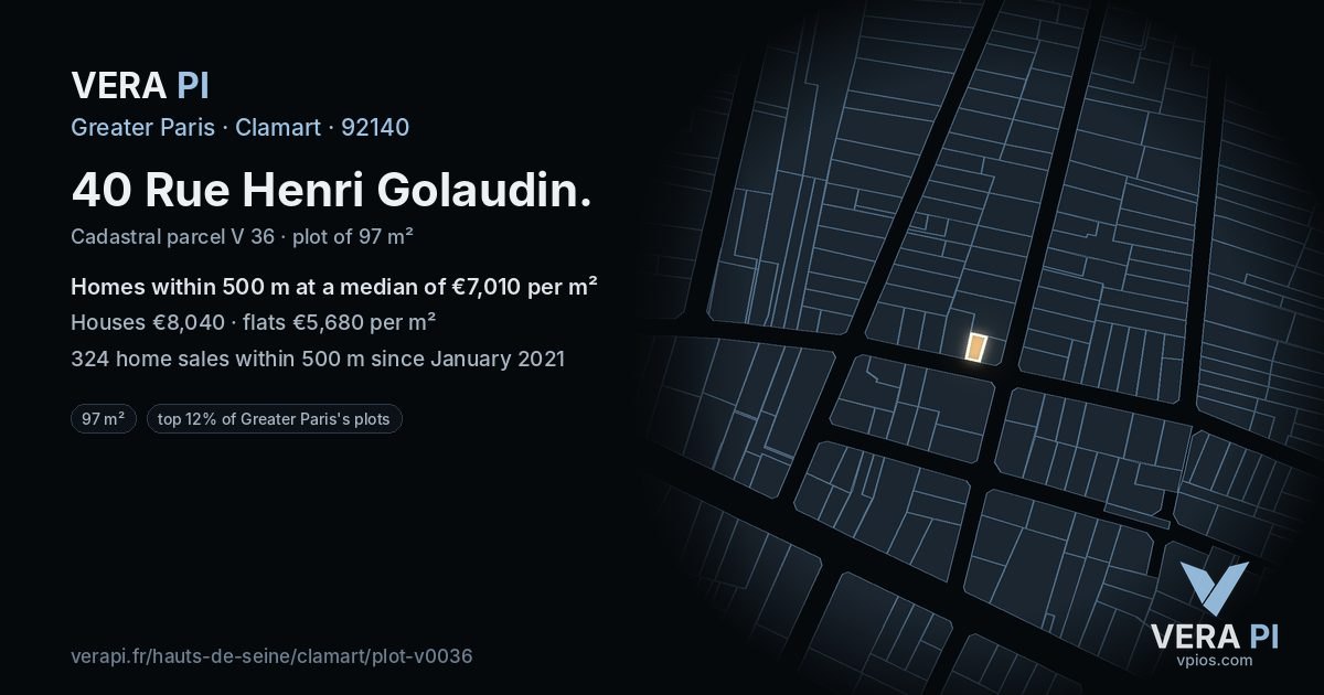 40 Rue Henri Golaudin, Clamart at night – the plot lit, the parcels around coloured by the prices near them