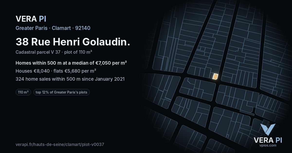 38 Rue Henri Golaudin, Clamart at night – the plot lit, the parcels around coloured by the prices near them