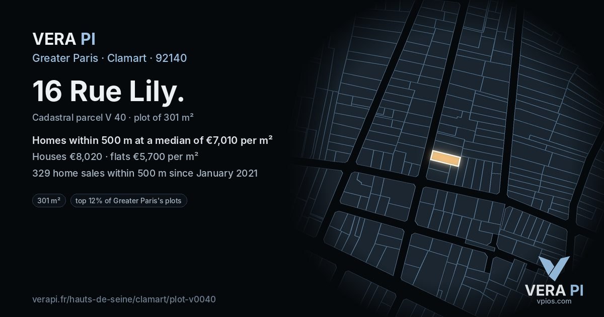 16 Rue Lily, Clamart at night – the plot lit, the parcels around coloured by the prices near them