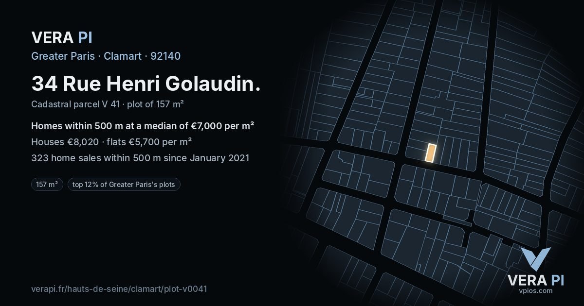 34 Rue Henri Golaudin, Clamart at night – the plot lit, the parcels around coloured by the prices near them
