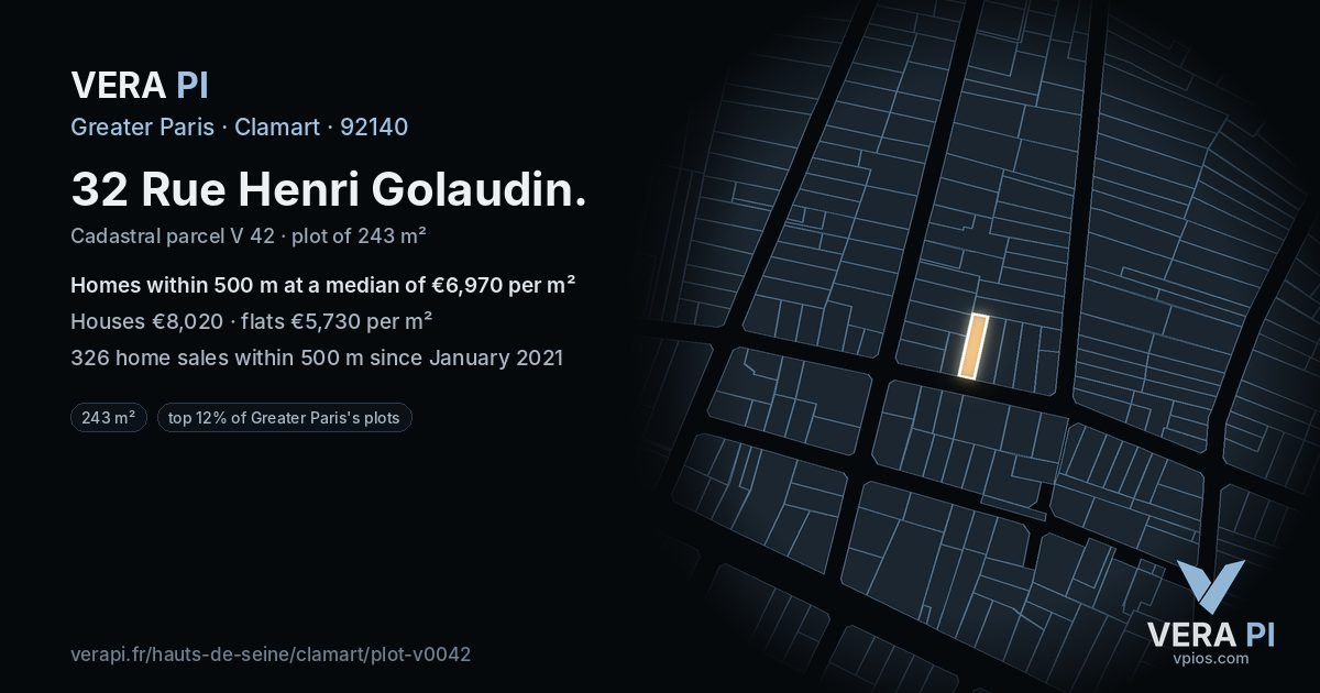 32 Rue Henri Golaudin, Clamart at night – the plot lit, the parcels around coloured by the prices near them