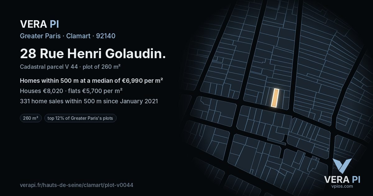 28 Rue Henri Golaudin, Clamart at night – the plot lit, the parcels around coloured by the prices near them