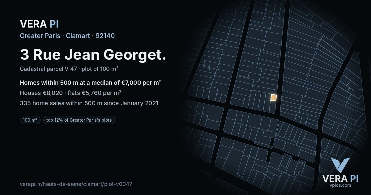 3 Rue Jean Georget, Clamart at night – the plot lit, the parcels around coloured by the prices near them