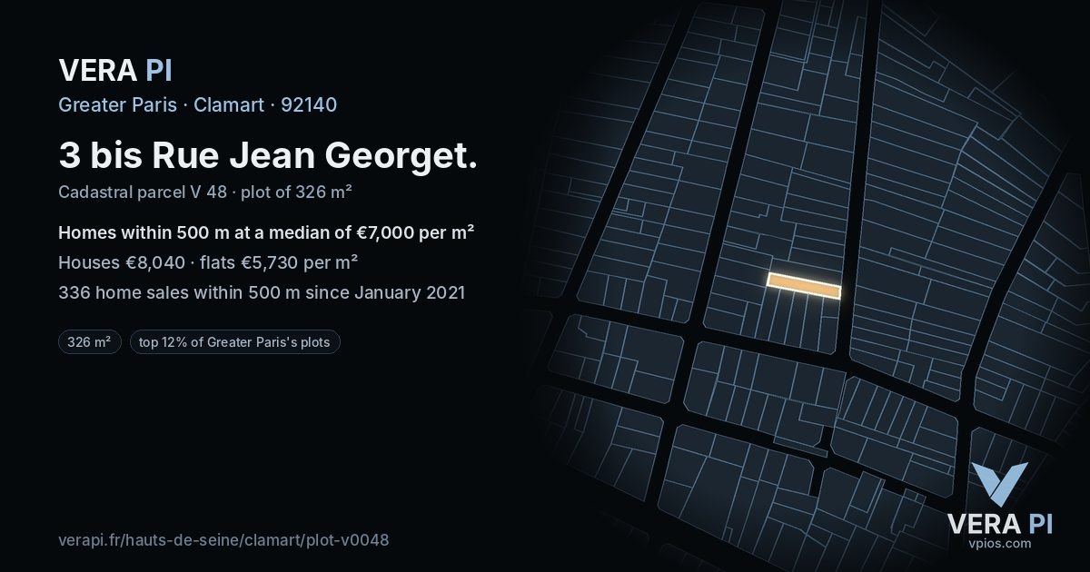 3 bis Rue Jean Georget, Clamart at night – the plot lit, the parcels around coloured by the prices near them
