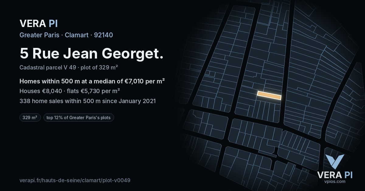 5 Rue Jean Georget, Clamart at night – the plot lit, the parcels around coloured by the prices near them