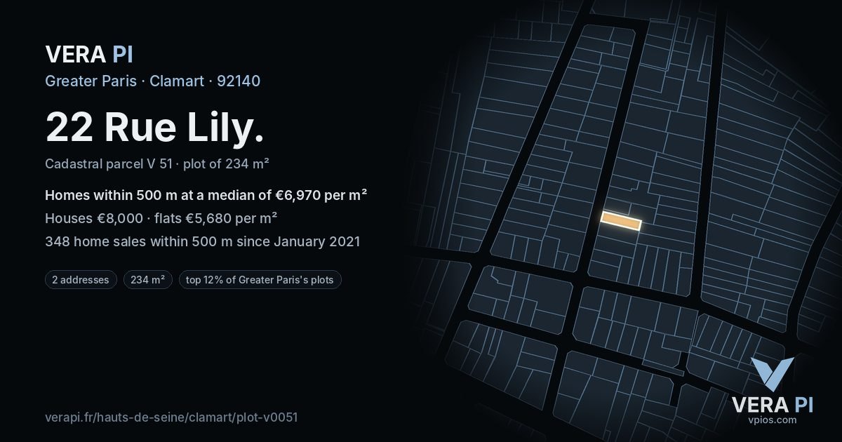 22 Rue Lily, Clamart at night – the plot lit, the parcels around coloured by the prices near them