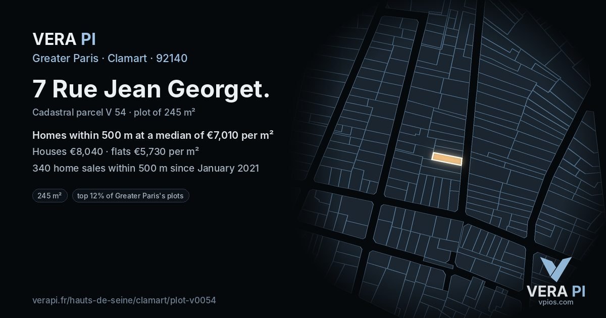 7 Rue Jean Georget, Clamart at night – the plot lit, the parcels around coloured by the prices near them
