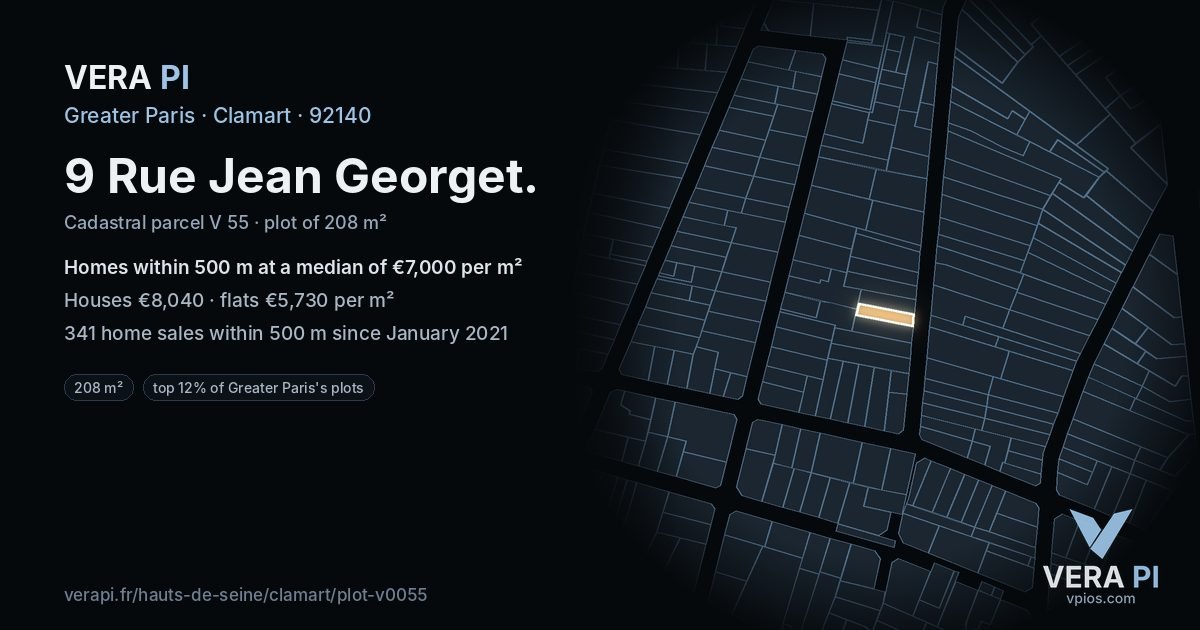 9 Rue Jean Georget, Clamart at night – the plot lit, the parcels around coloured by the prices near them