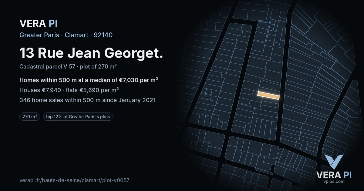 13 Rue Jean Georget, Clamart at night – the plot lit, the parcels around coloured by the prices near them
