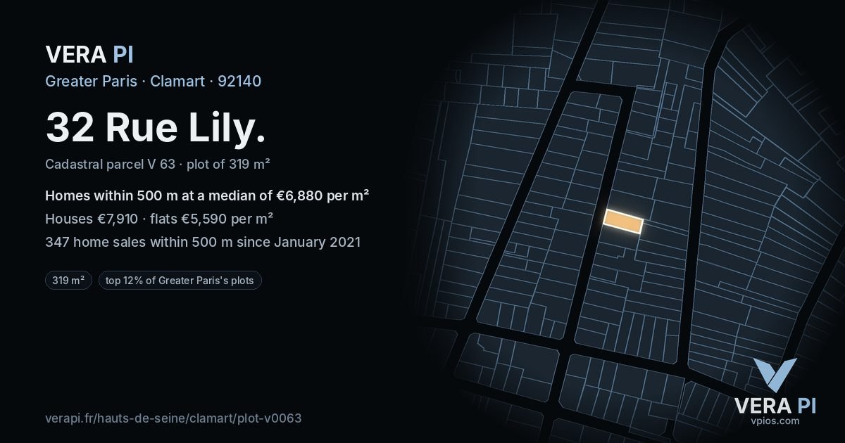 32 Rue Lily, Clamart at night – the plot lit, the parcels around coloured by the prices near them