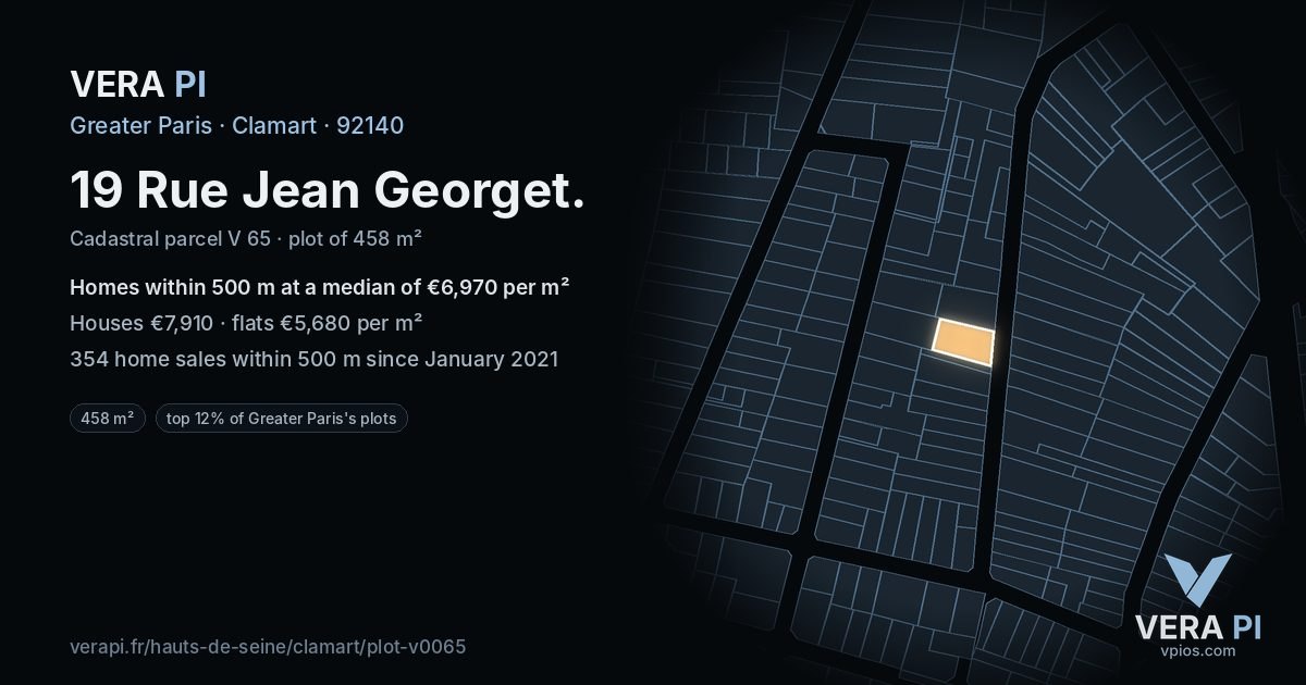 19 Rue Jean Georget, Clamart at night – the plot lit, the parcels around coloured by the prices near them