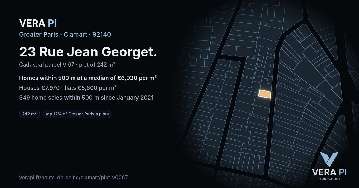 23 Rue Jean Georget, Clamart at night – the plot lit, the parcels around coloured by the prices near them