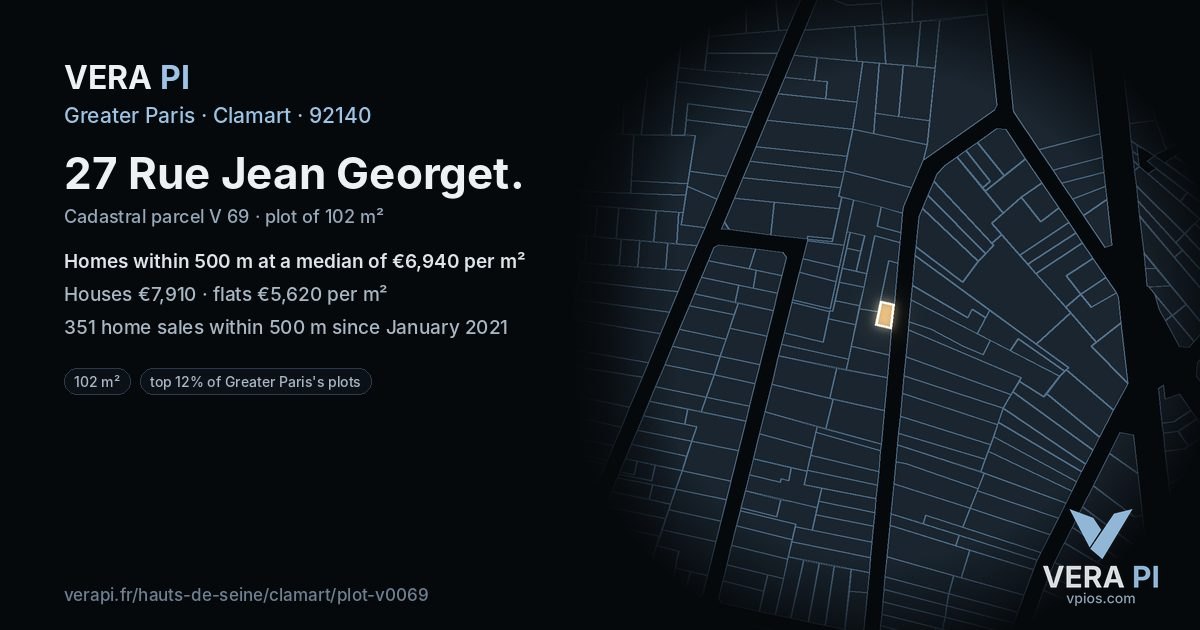 27 Rue Jean Georget, Clamart at night – the plot lit, the parcels around coloured by the prices near them