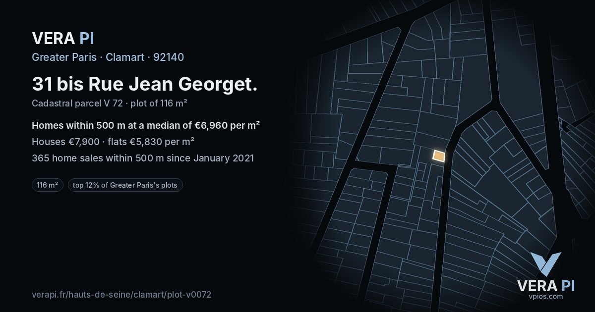 31 bis Rue Jean Georget, Clamart at night – the plot lit, the parcels around coloured by the prices near them